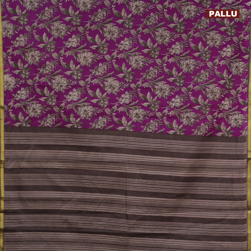 Muslin cotton saree purple and grey with allover prints and small zari woven border