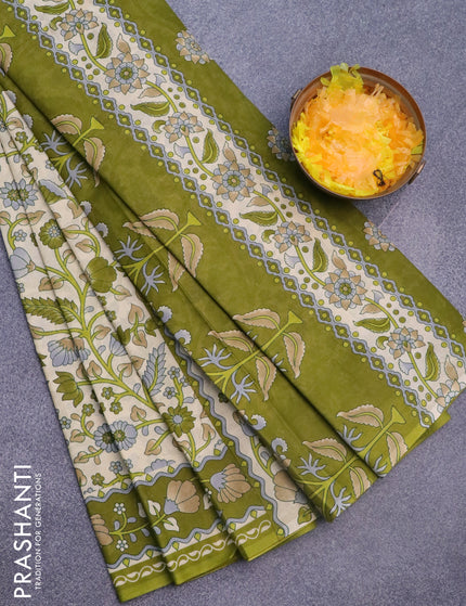 Muslin cotton saree cream and mehendi green with allover prints and printed border