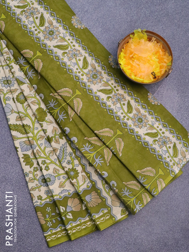 Muslin cotton saree cream and mehendi green with allover prints and printed border