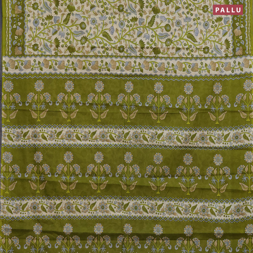 Muslin cotton saree cream and mehendi green with allover prints and printed border