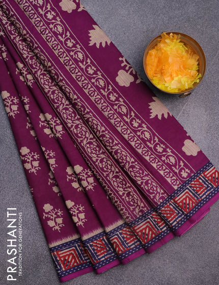 Muslin cotton saree purple and blue with butta prints and printed border