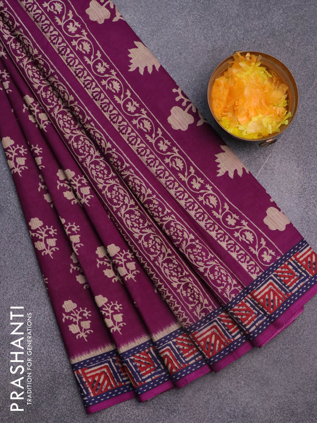 Muslin cotton saree purple and blue with butta prints and printed border