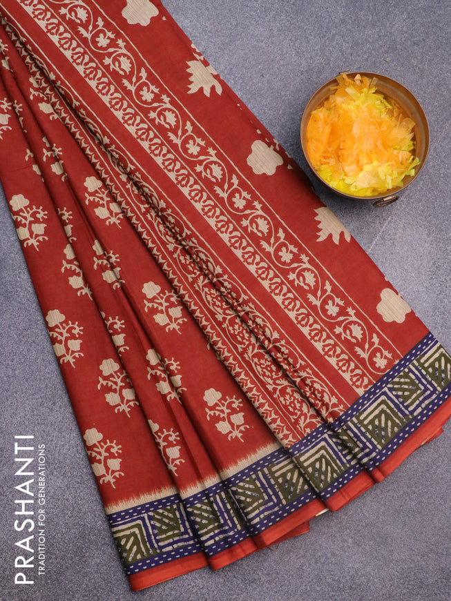 Muslin cotton saree rustic orange and blue with butta prints and printed border