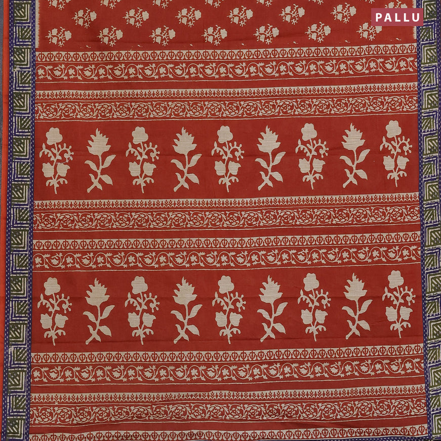 Muslin cotton saree rustic orange and blue with butta prints and printed border