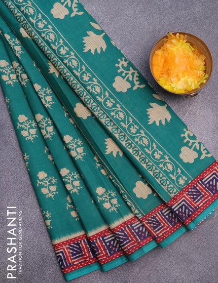 Muslin cotton saree teal green and red with butta prints and printed border