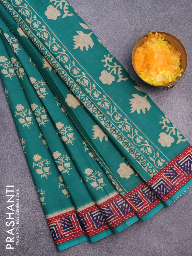 Muslin cotton saree teal green and red with butta prints and printed border