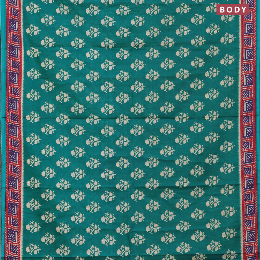 Muslin cotton saree teal green and red with butta prints and printed border