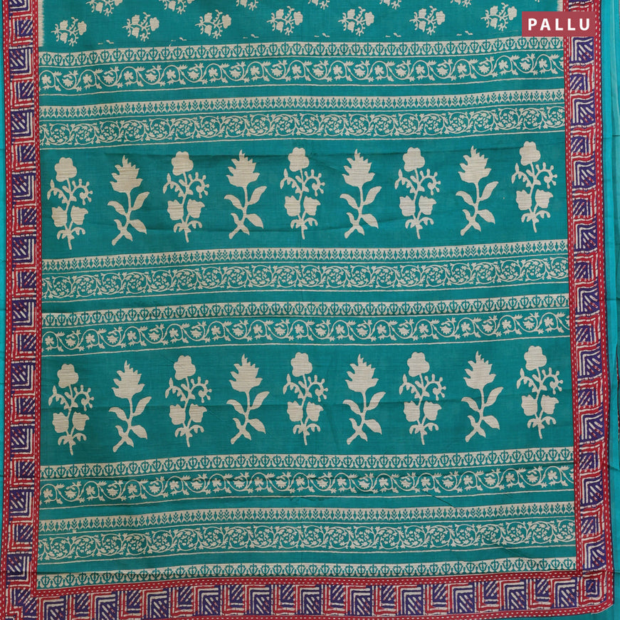 Muslin cotton saree teal green and red with butta prints and printed border