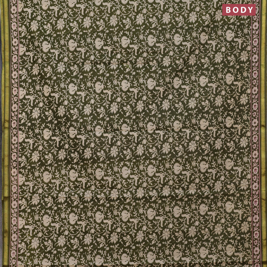 Muslin cotton saree sap green with allover prints and small zari woven border