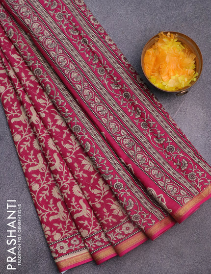 Muslin cotton saree pink with allover prints and small zari woven border