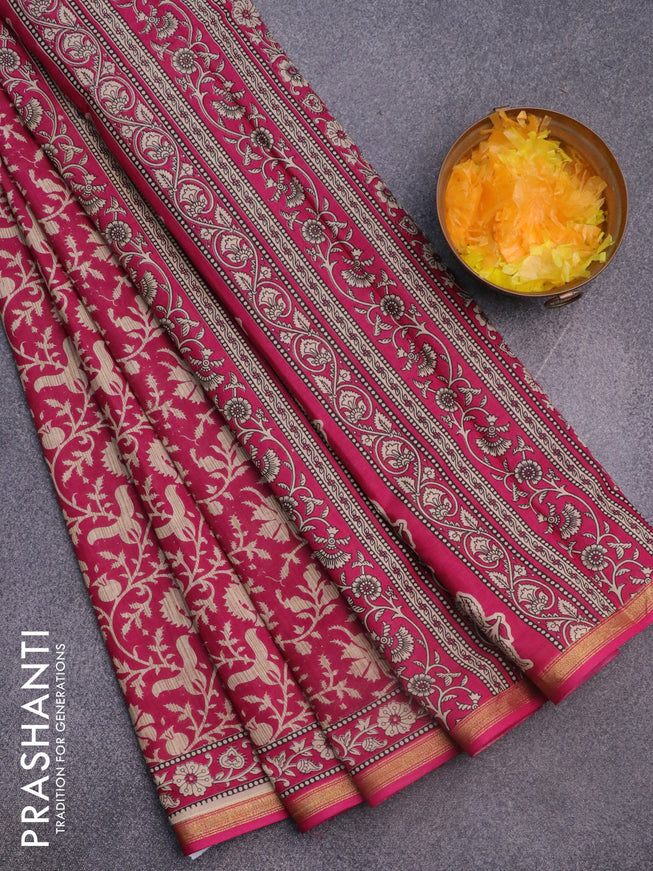 Muslin cotton saree pink with allover prints and small zari woven border