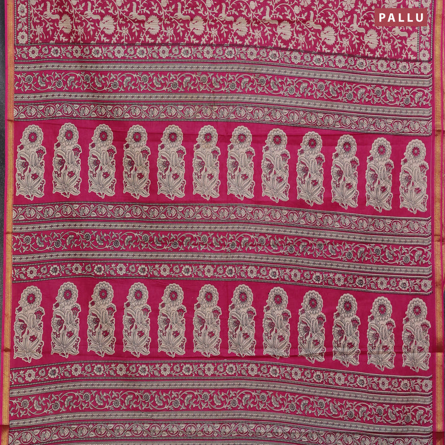 Muslin cotton saree pink with allover prints and small zari woven border