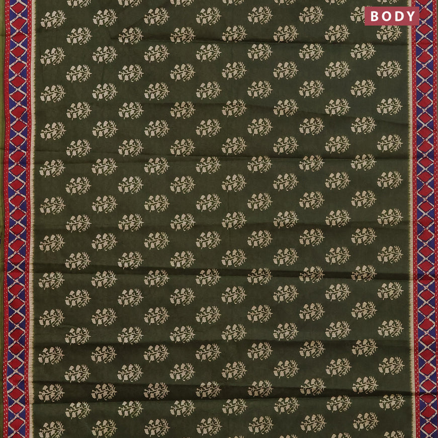 Muslin cotton saree sap green and red with butta prints and printed border