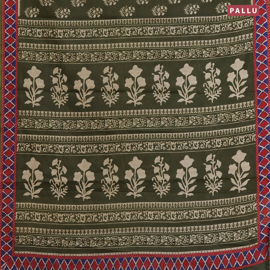 Muslin cotton saree sap green and red with butta prints and printed border