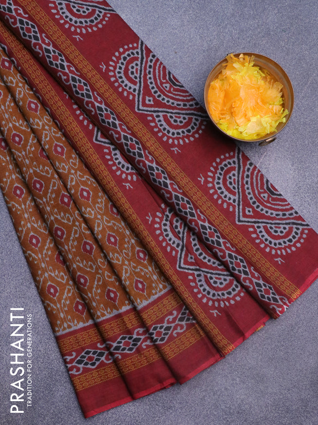 Muslin cotton saree dark mustard and maroon with allover ikat weaves and printed border