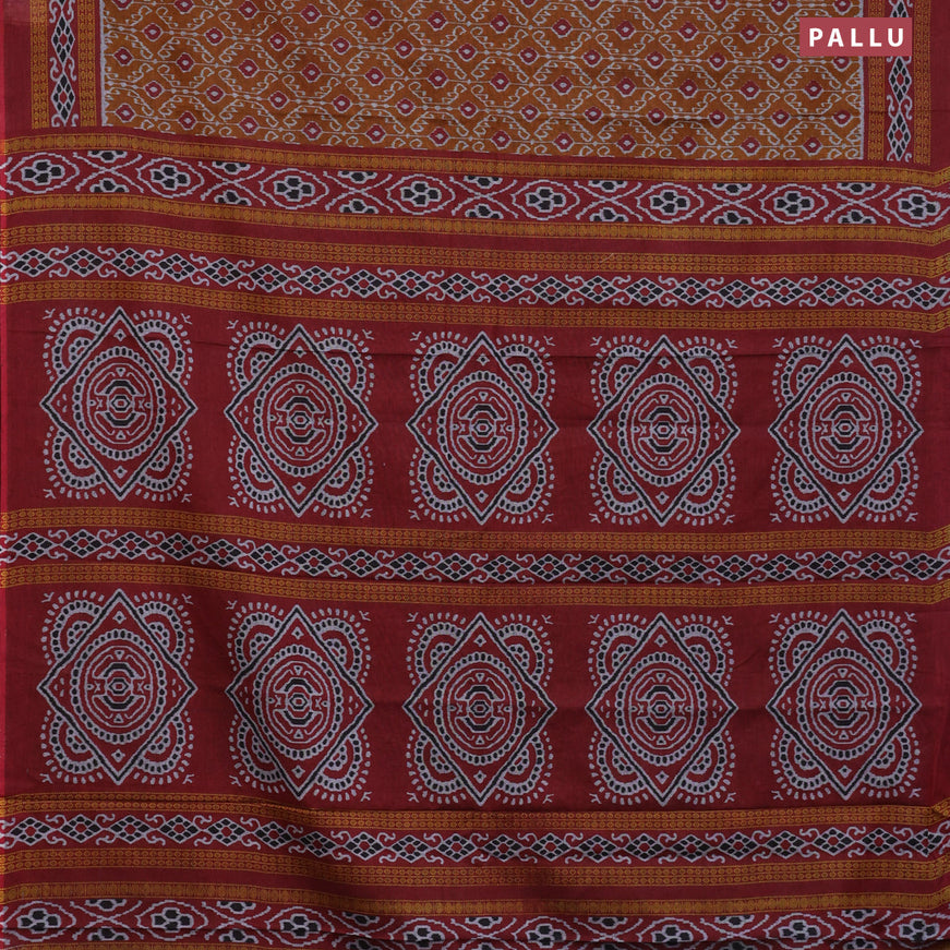 Muslin cotton saree dark mustard and maroon with allover ikat weaves and printed border