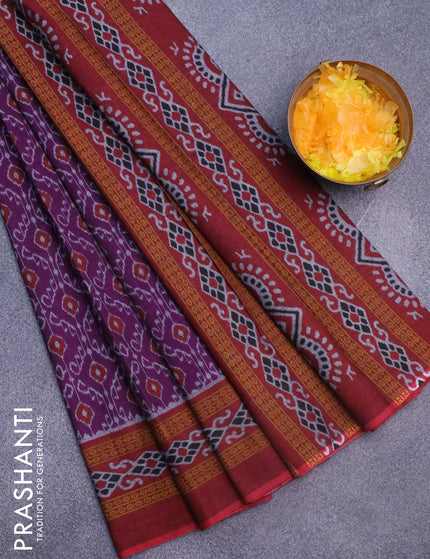 Muslin cotton saree purple and maroon with allover ikat weaves and printed border