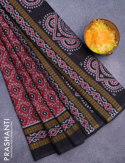 Muslin cotton saree maroon and black with allover ikat weaves and printed border