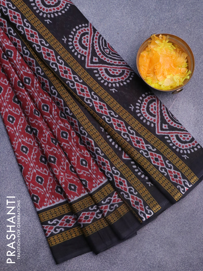 Muslin cotton saree maroon and black with allover ikat weaves and printed border