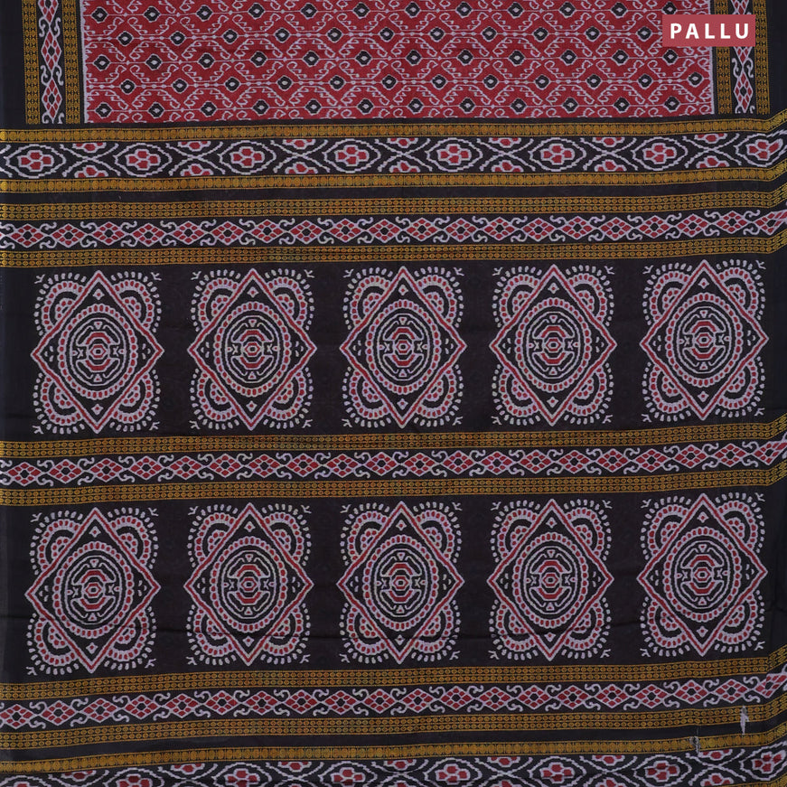 Muslin cotton saree maroon and black with allover ikat weaves and printed border