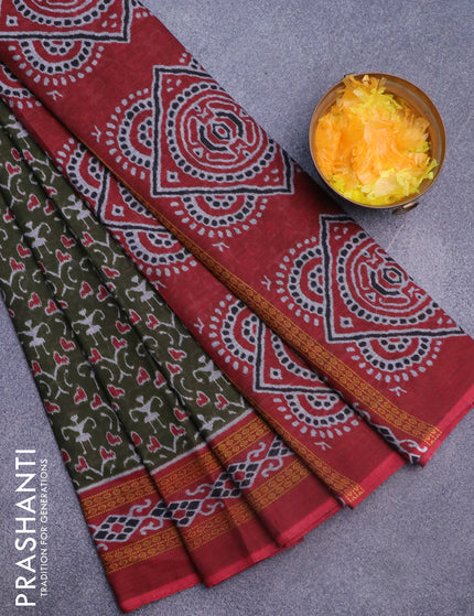 Muslin cotton saree sap green and maroon with allover ikat weaves and printed border