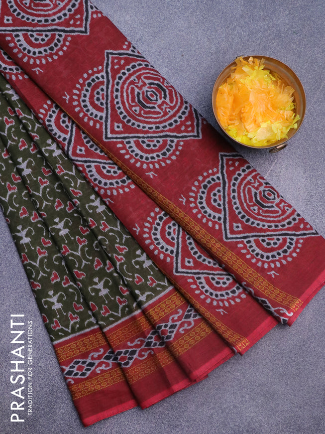 Muslin cotton saree sap green and maroon with allover ikat weaves and printed border