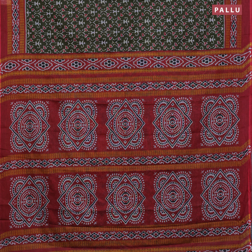 Muslin cotton saree sap green and maroon with allover ikat weaves and printed border