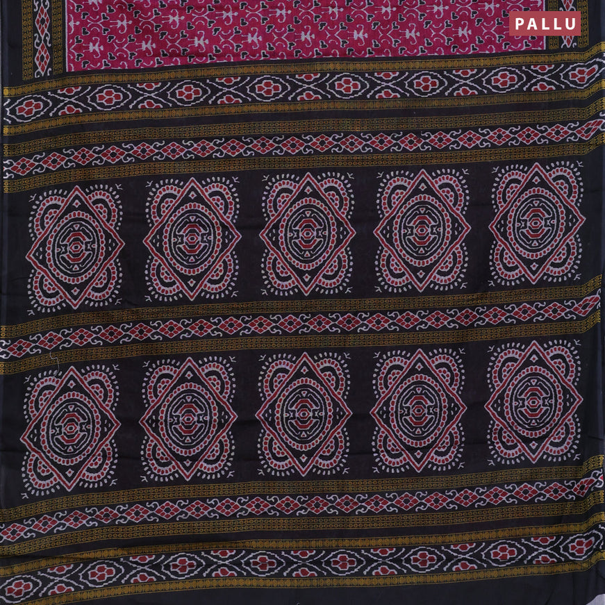 Muslin cotton saree magenta pink and black with allover ikat weaves and printed border