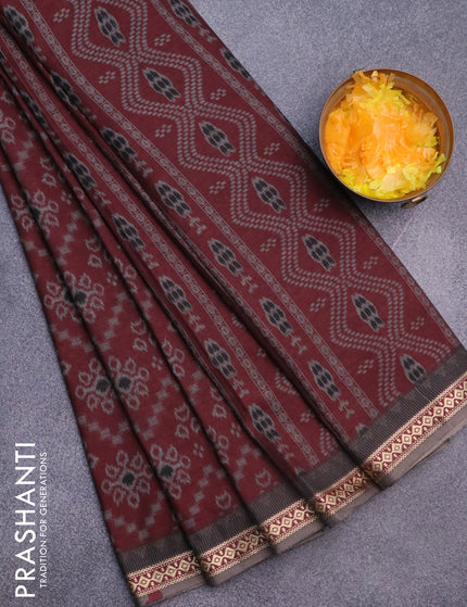 Muslin cotton saree maroon and grey with allover ikat weaves and thread woven border