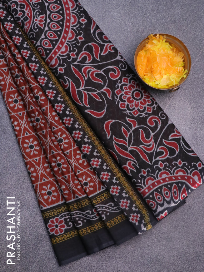 Muslin cotton saree rustic orange and black with allover ikat weaves and printed border