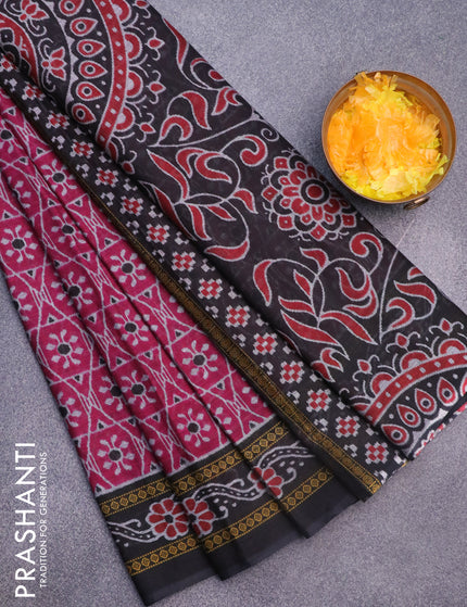 Muslin cotton saree magenta pink and black with allover ikat weaves and printed border