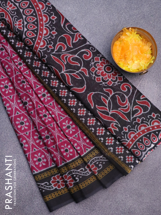 Muslin cotton saree magenta pink and black with allover ikat weaves and printed border