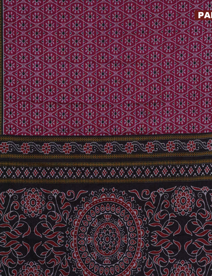 Muslin cotton saree magenta pink and black with allover ikat weaves and printed border