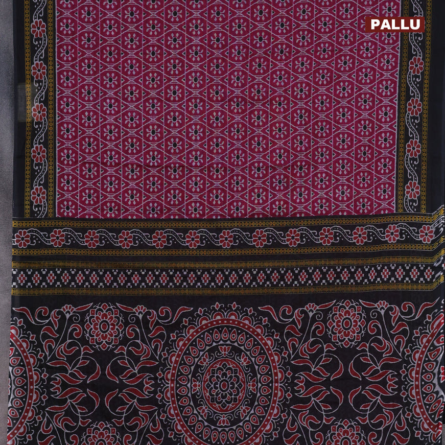 Muslin cotton saree magenta pink and black with allover ikat weaves and printed border