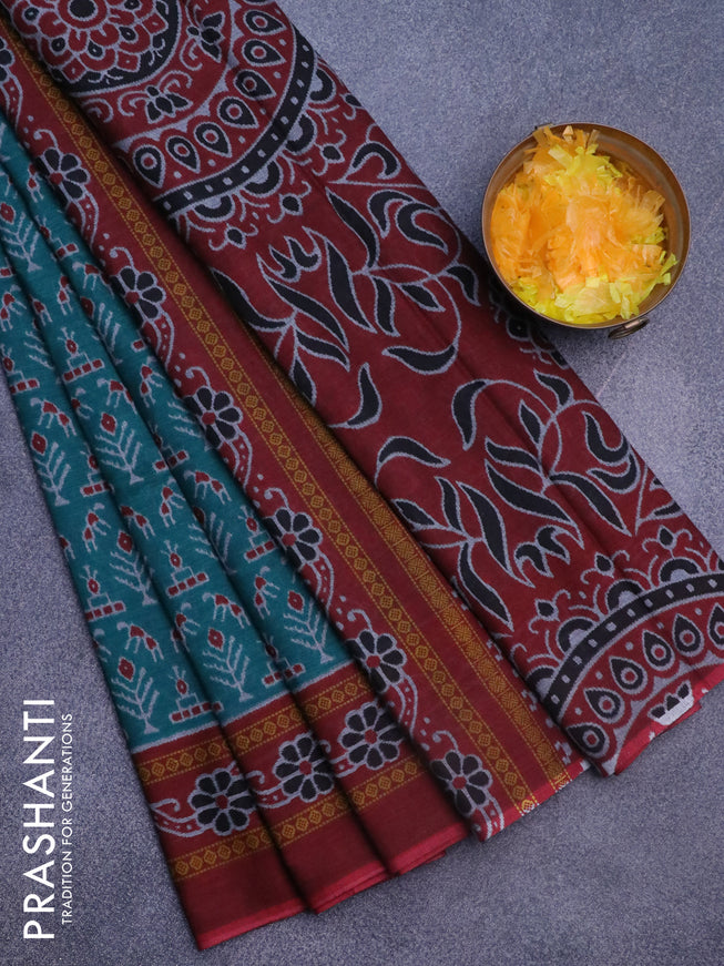 Muslin cotton saree teal green and maroon with allover ikat weaves and printed border