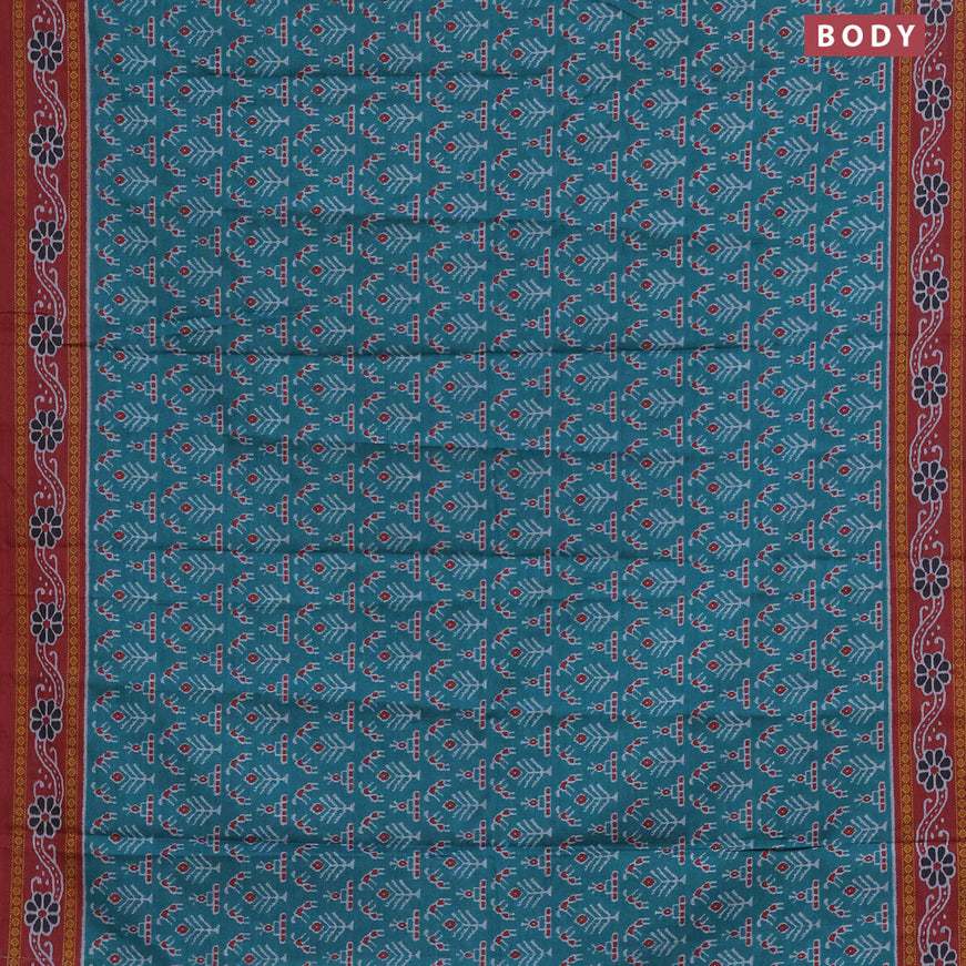 Muslin cotton saree teal green and maroon with allover ikat weaves and printed border