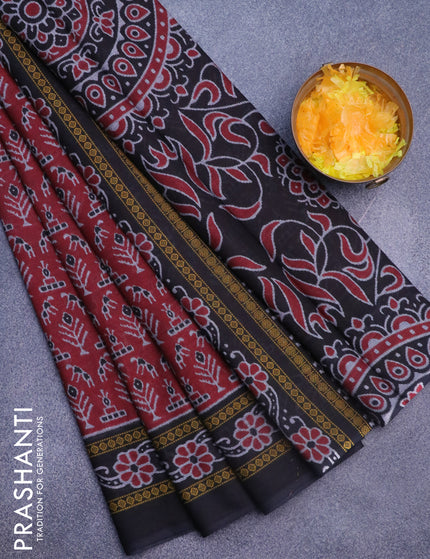 Muslin cotton saree maroon and black with allover ikat weaves and printed border