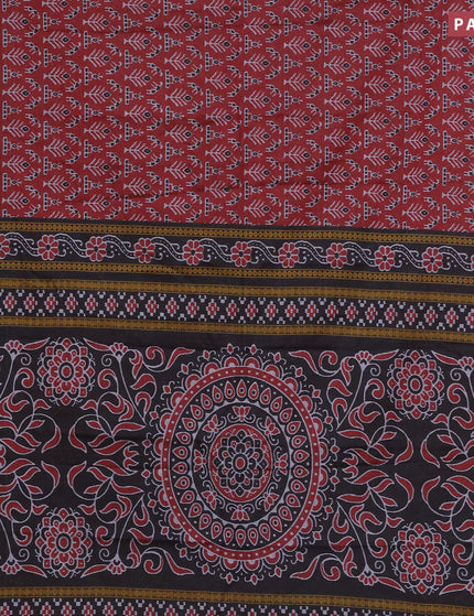 Muslin cotton saree maroon and black with allover ikat weaves and printed border