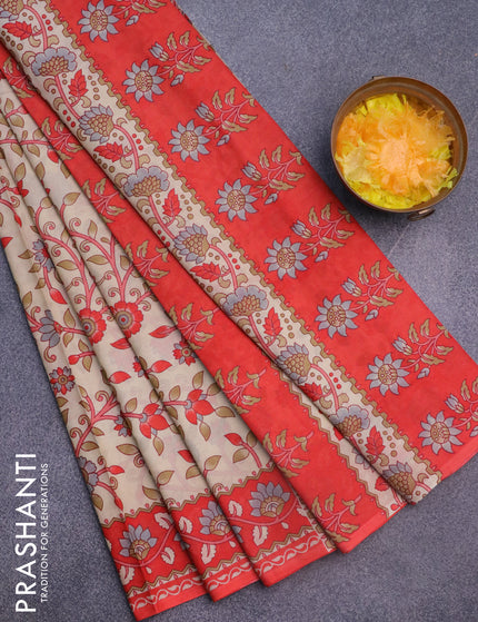 Muslin cotton saree sandal and red with allover prints and printed border