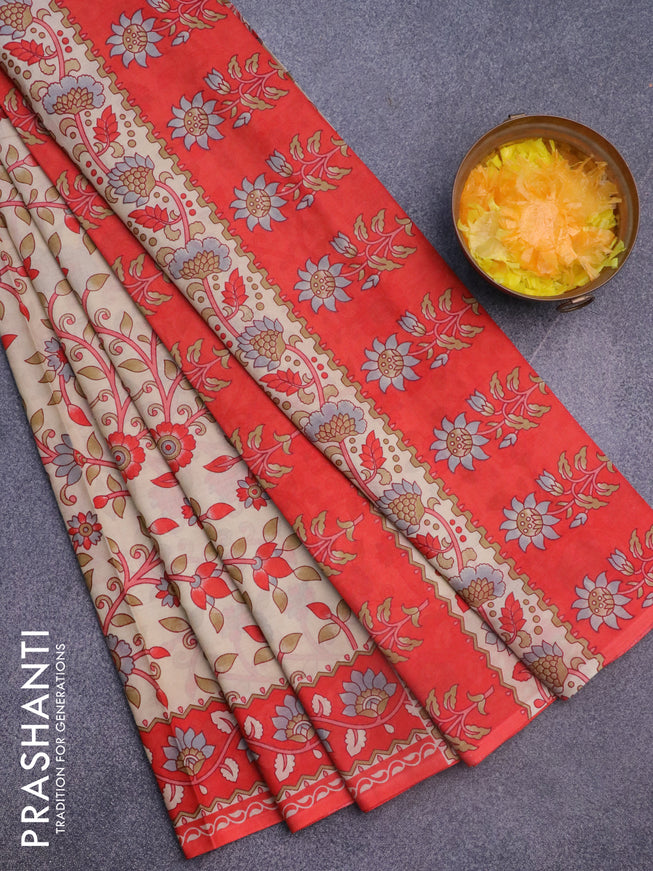 Muslin cotton saree sandal and red with allover prints and printed border