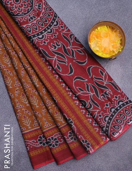 Muslin cotton saree mustard yellow and maroon with allover ikat weaves and printed border