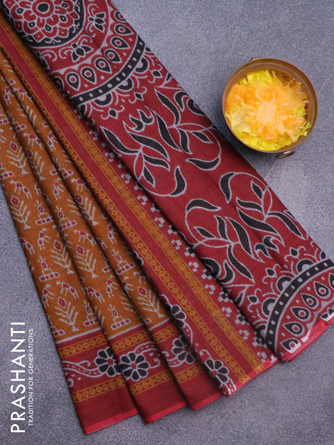 Muslin cotton saree mustard yellow and maroon with allover ikat weaves and printed border