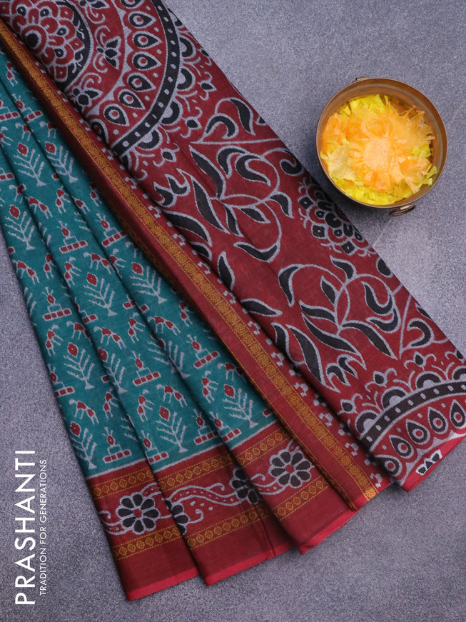 Muslin cotton saree teal green and maroon with allover ikat weaves and printed border