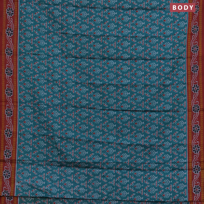 Muslin cotton saree teal green and maroon with allover ikat weaves and printed border