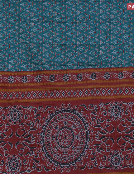 Muslin cotton saree teal green and maroon with allover ikat weaves and printed border