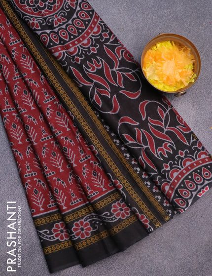 Muslin cotton saree maroon and black with allover ikat weaves and printed border