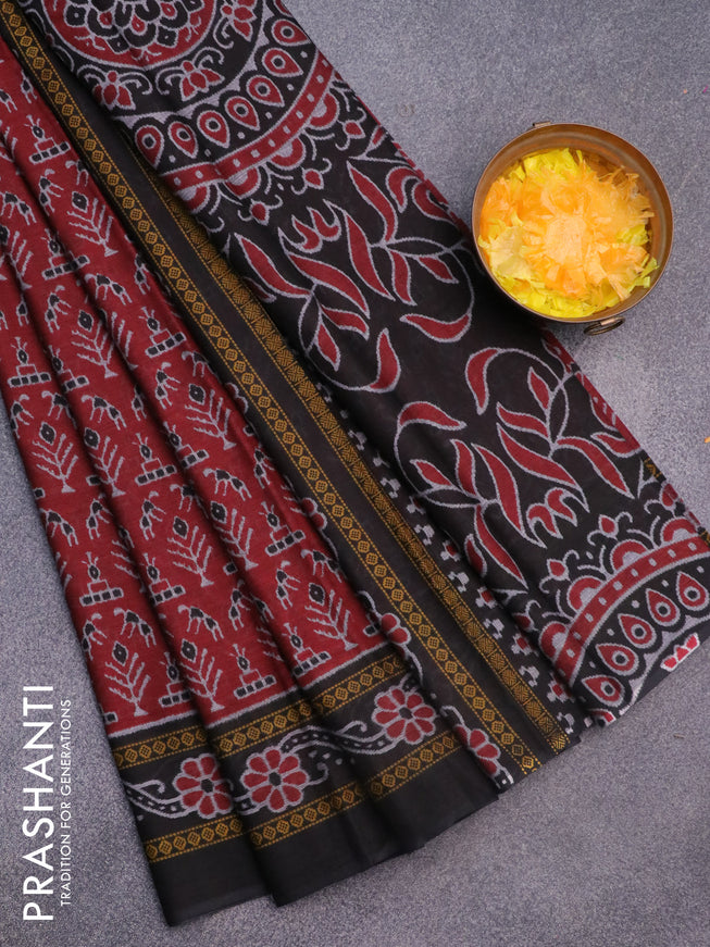 Muslin cotton saree maroon and black with allover ikat weaves and printed border