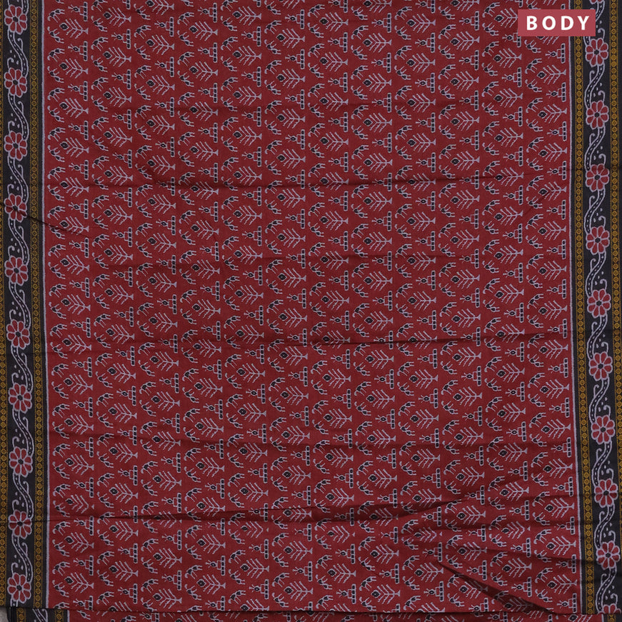 Muslin cotton saree maroon and black with allover ikat weaves and printed border