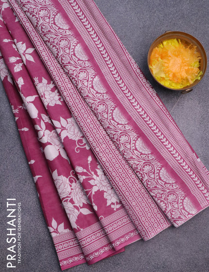 Muslin cotton saree magenta pink and off white with allover floral prints and printed border