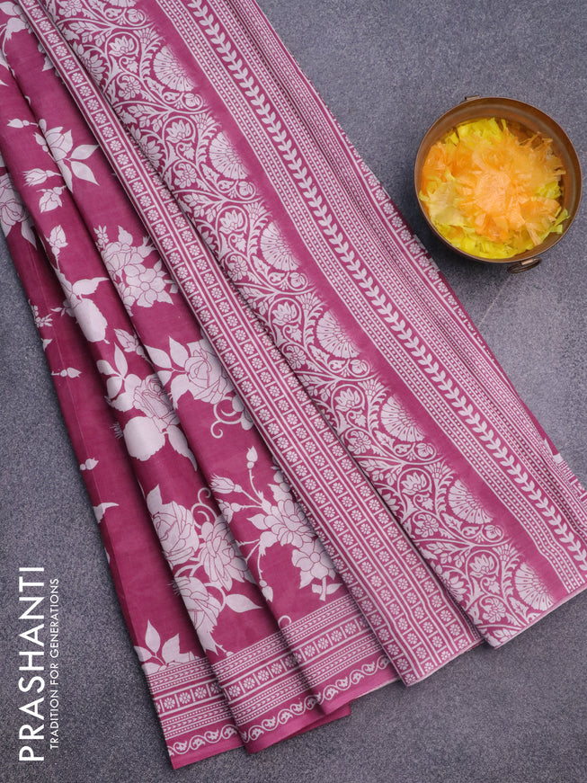 Muslin cotton saree magenta pink and off white with allover floral prints and printed border